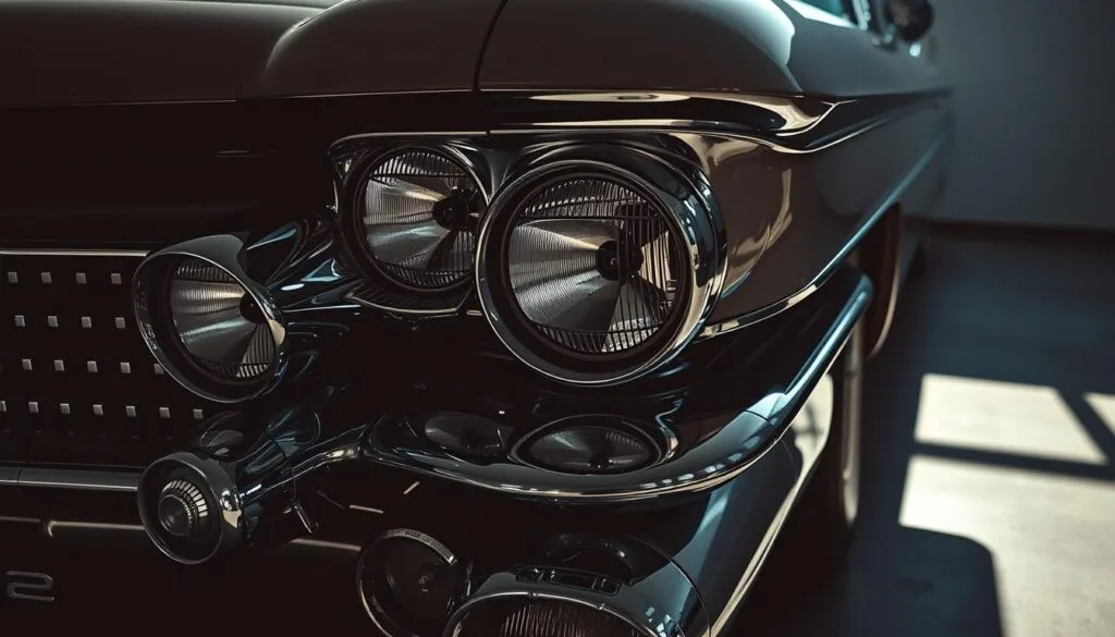 A close-up view of the iconic 1959 Cadillac's chrome details, capturing the sleek and sophisticated styling that defined the era. The image showcases the distinct, elongated tailfins, the intricate grille work, and the gleaming chrome accents that adorned the front and rear of the vehicle. Dramatic lighting casts sharp shadows, highlighting the curves and contours of the Cadillac's bold design. The lens is positioned at a low angle, emphasizing the powerful, imposing presence of this legendary American automobile. The scene exudes a sense of vintage glamour and timeless elegance, perfectly capturing the "Design Revolution" that the 1959 Cadillac represented.