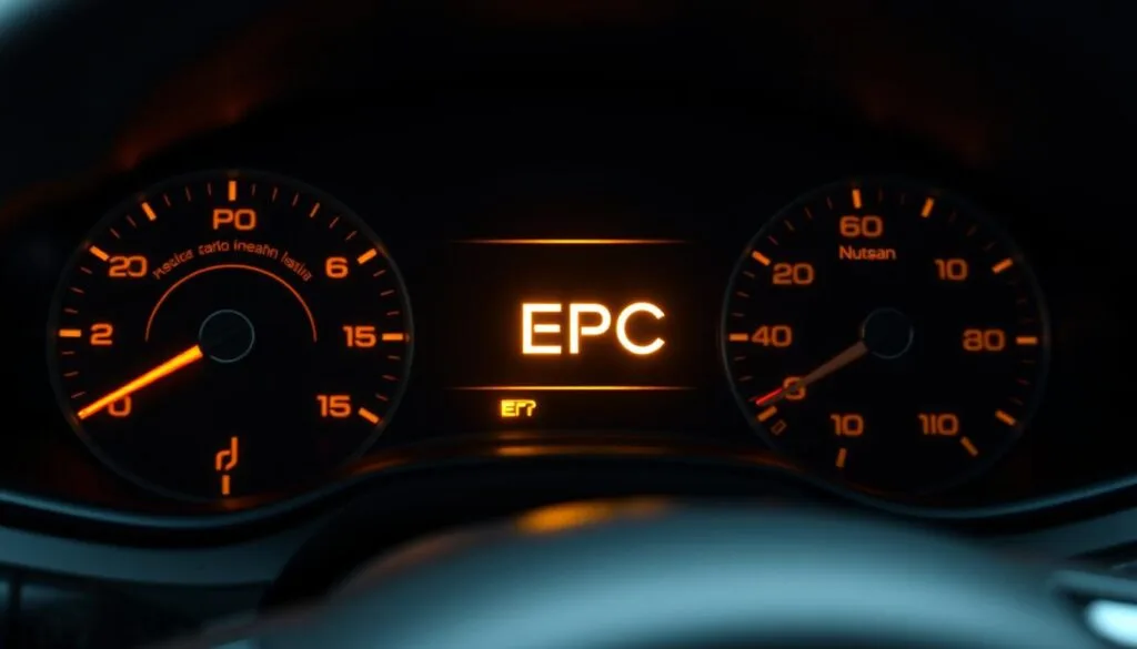 A detailed close-up shot of an Audi dashboard illuminated with a bright yellow EPC (Electronic Power Control) warning light. The light is positioned prominently in the center console, casting a warm, incandescent glow that draws the viewer's attention. The background is blurred, focusing the eye on the glowing EPC indicator. The lighting is realistic, with subtle reflections and shadows that enhance the three-dimensional quality of the dashboard. The overall mood is one of concern and curiosity, inviting the viewer to understand the meaning and implications of the EPC light.