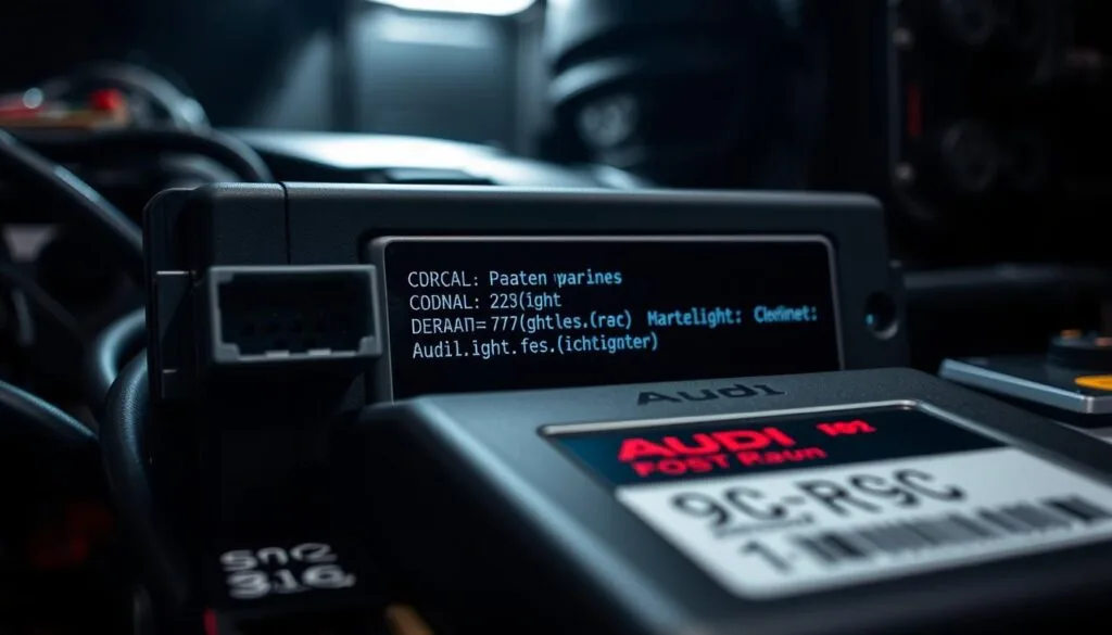A detailed closeup of an electrical control unit (ECU) with diagnostic port, wiring harness, and error codes displayed on a digital screen. The unit is set against a dimly lit, industrial background with hints of mechanical components and shadows. The lighting is dramatic, creating a sense of technical complexity and potential issues. The overall mood is one of troubleshooting and problem-solving, reflecting the challenges of diagnosing EPC light electrical issues in an Audi vehicle.