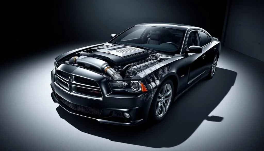 A detailed, sleek, and technically-accurate illustration of the engine options for a 2014 Dodge Charger. The main focus is a cutaway view of the car's engine bay, showcasing the powerful V6 and V8 powerplant choices available. The middle ground features various engine components like the cylinder heads, intake manifold, and exhaust system, all rendered in high detail. The background blends a subtle, moody automotive environment with clean, minimalist styling to highlight the technical aspects. Dramatic side lighting creates dramatic shadows and highlights the mechanical complexity. The overall mood is one of understated performance and engineering excellence. A detailed, sleek, and technically-accurate illustration of the engine options for a 2014 Dodge Charger. The main focus is a cutaway view of the car's engine bay, showcasing the powerful V6 and V8 powerplant choices available. The middle ground features various engine components like the cylinder heads, intake manifold, and exhaust system, all rendered in high detail. The background blends a subtle, moody automotive environment with clean, minimalist styling to highlight the technical aspects. Dramatic side lighting creates dramatic shadows and highlights the mechanical complexity. The overall mood is one of understated performance and engineering excellence.