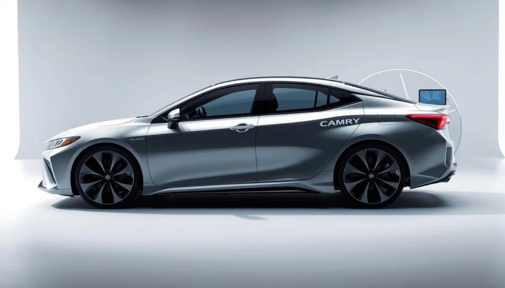 A futuristic, sleek Toyota Camry prototype showcasing cutting-edge design innovations. In the foreground, a boldly sculpted, aerodynamic body with sharp creases, seamless door handles, and distinctive LED lighting. The middle ground features a panoramic glass roof and gently sloping roofline, conveying a sense of openness and advanced engineering. In the background, a minimalist, high-tech interior with a large, curved display and touchpad controls. Dramatic studio lighting casts dramatic shadows, highlighting the Camry's progressive, yet refined aesthetic. An angular, driver-focused silhouette suggests enhanced performance and handling capabilities. A futuristic, sleek Toyota Camry prototype showcasing cutting-edge design innovations. In the foreground, a boldly sculpted, aerodynamic body with sharp creases, seamless door handles, and distinctive LED lighting. The middle ground features a panoramic glass roof and gently sloping roofline, conveying a sense of openness and advanced engineering. In the background, a minimalist, high-tech interior with a large, curved display and touchpad controls. Dramatic studio lighting casts dramatic shadows, highlighting the Camry's progressive, yet refined aesthetic. An angular, driver-focused silhouette suggests enhanced performance and handling capabilities.