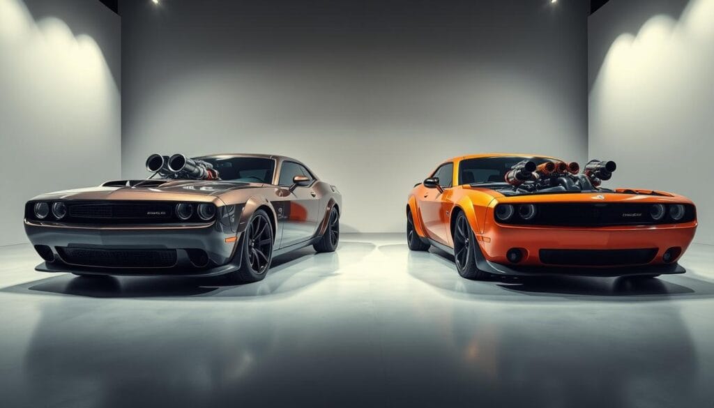 A high-performance muscle car showdown in a sleek automotive studio. In the foreground, a Dodge Charger R/T and a Dodge Daytona gleam under soft, dramatic lighting, their powerful engines exposed and ready for comparison. The middle ground showcases intricate details - pistons, turbos, and exhaust systems, allowing viewers to scrutinize the technical specifications. The background is a minimalist setting, emphasizing the vehicles' sculptural forms and highlighting their raw, unbridled power. Cinematic angles capture the vehicles from low, aggressive perspectives, conveying a sense of speed and engineering prowess. The overall mood is one of restrained elegance, allowing the machines to take center stage and showcase their impressive engine performance.