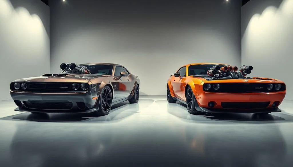 A high-performance muscle car showdown in a sleek automotive studio. In the foreground, a Dodge Charger R/T and a Dodge Daytona gleam under soft, dramatic lighting, their powerful engines exposed and ready for comparison. The middle ground showcases intricate details - pistons, turbos, and exhaust systems, allowing viewers to scrutinize the technical specifications. The background is a minimalist setting, emphasizing the vehicles' sculptural forms and highlighting their raw, unbridled power. Cinematic angles capture the vehicles from low, aggressive perspectives, conveying a sense of speed and engineering prowess. The overall mood is one of restrained elegance, allowing the machines to take center stage and showcase their impressive engine performance. A high-performance muscle car showdown in a sleek automotive studio. In the foreground, a Dodge Charger R/T and a Dodge Daytona gleam under soft, dramatic lighting, their powerful engines exposed and ready for comparison. The middle ground showcases intricate details - pistons, turbos, and exhaust systems, allowing viewers to scrutinize the technical specifications. The background is a minimalist setting, emphasizing the vehicles' sculptural forms and highlighting their raw, unbridled power. Cinematic angles capture the vehicles from low, aggressive perspectives, conveying a sense of speed and engineering prowess. The overall mood is one of restrained elegance, allowing the machines to take center stage and showcase their impressive engine performance.