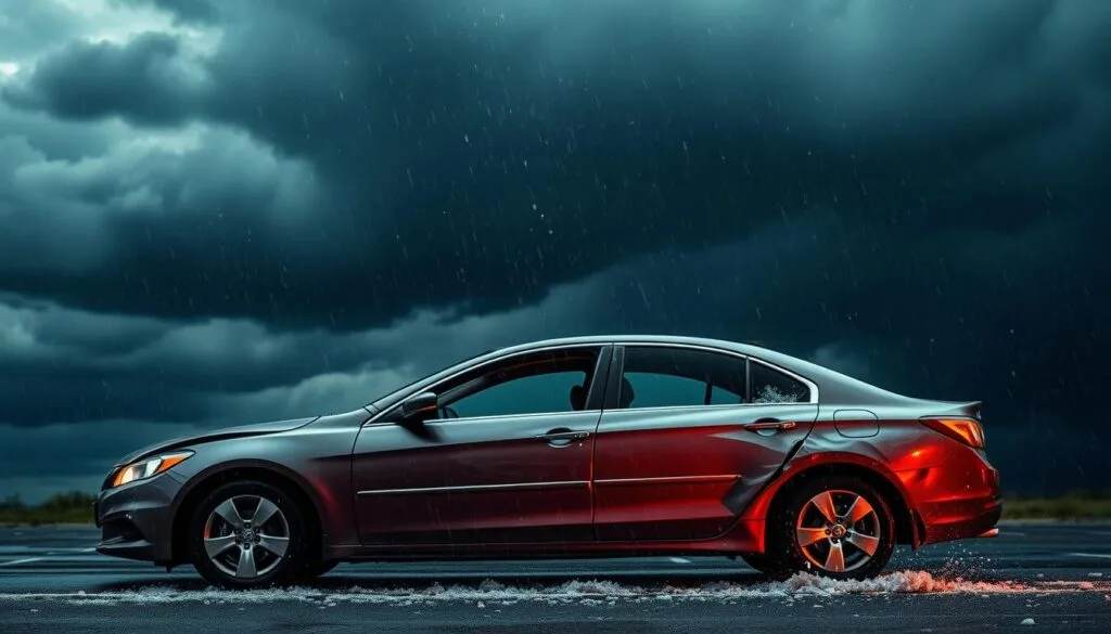 A high-risk auto insurance policy against a backdrop of dark storm clouds, with a sedan in the foreground partially obscured by rain and hail. The car appears battered, with dented panels and cracked windows, conveying the sense of danger and unpredictability associated with high-risk driving. The lighting is dramatic, with a mix of warm and cool tones, creating an ominous atmosphere. The perspective is slightly elevated, giving the viewer a sense of the scale and severity of the situation. The overall mood is one of tension and uncertainty, reflecting the challenges faced by drivers who require high-risk auto insurance coverage. A high-risk auto insurance policy against a backdrop of dark storm clouds, with a sedan in the foreground partially obscured by rain and hail. The car appears battered, with dented panels and cracked windows, conveying the sense of danger and unpredictability associated with high-risk driving. The lighting is dramatic, with a mix of warm and cool tones, creating an ominous atmosphere. The perspective is slightly elevated, giving the viewer a sense of the scale and severity of the situation. The overall mood is one of tension and uncertainty, reflecting the challenges faced by drivers who require high-risk auto insurance coverage.
