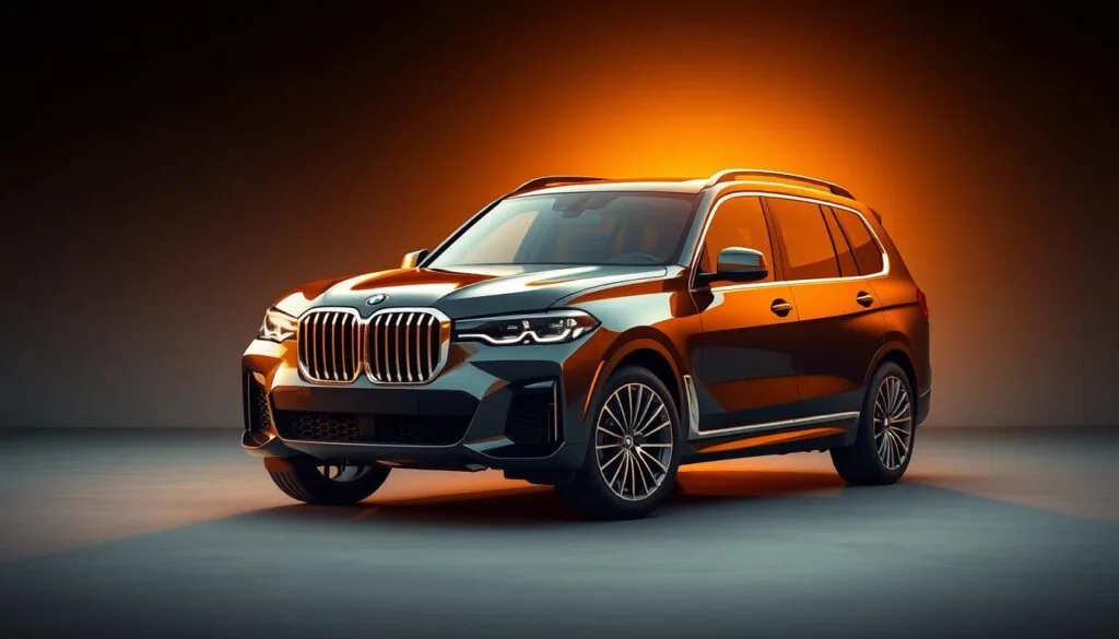 A majestic luxury SUV stands in a meticulously curated scene, bathed in warm, golden sunlight. The exterior features sleek, elegant lines and a bold, commanding presence, with sharp creases and sculpted surfaces that exude sophistication. The front grille dominates the face, flanked by intricate, high-tech headlights that gleam with precision. The muscular, broad shoulders and sweeping beltline convey a sense of power and strength, while the subtle curves and tapered roofline lend an air of refinement. The vehicle's imposing stance is further accentuated by large, polished alloy wheels that complement the overall design. This image captures the essence of the 2025 BMW X7's exceptional exterior, showcasing its perfect balance of luxury, capability, and timeless style. A majestic luxury SUV stands in a meticulously curated scene, bathed in warm, golden sunlight. The exterior features sleek, elegant lines and a bold, commanding presence, with sharp creases and sculpted surfaces that exude sophistication. The front grille dominates the face, flanked by intricate, high-tech headlights that gleam with precision. The muscular, broad shoulders and sweeping beltline convey a sense of power and strength, while the subtle curves and tapered roofline lend an air of refinement. The vehicle's imposing stance is further accentuated by large, polished alloy wheels that complement the overall design. This image captures the essence of the 2025 BMW X7's exceptional exterior, showcasing its perfect balance of luxury, capability, and timeless style.