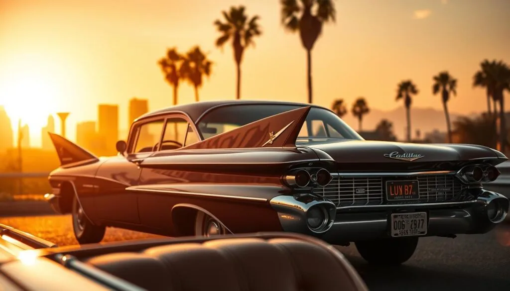 A meticulously crafted 1959 Cadillac Series 62 sedan, gleaming under the warm glow of a golden sunset. The iconic tailfins stretch outward, chrome trim catching the fading light. The long, sleek body sculpted with muscular elegance, a dramatic expression of American automotive design. In the foreground, the vehicle's luxurious leather interior is visible, tufted seats and polished wood accents hinting at the comfort within. The middle ground showcases the distinctive front grille and dual-stacked headlights, a bold statement of power and prestige. The background fades into a hazy, dreamlike cityscape, skyscrapers and palm trees silhouetted against the vibrant orange sky, evoking a sense of nostalgic grandeur. Cinematic lighting and a shallow depth of field create a captivating, almost cinematic atmosphere.