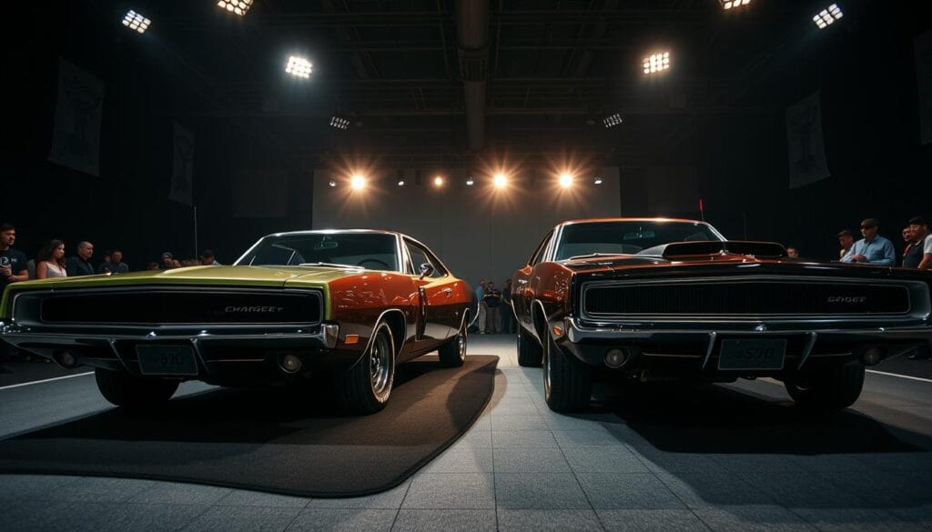 A meticulously detailed scene of the 1969 Dodge Charger R/T and Daytona models being unveiled at an auto show. The foreground features the iconic silhouettes of the two muscle cars, their bold lines and aggressive stance captured in high-resolution. The middle ground showcases the vehicles' prominent features, such as the Daytona's distinctive nose cone and rear spoiler, as well as the R/T's distinctive grille and hood scoop. The background depicts a dimly lit exhibition hall, with spotlights casting dramatic shadows and highlights on the cars, creating an atmosphere of anticipation and excitement. The image is shot with a wide-angle lens, emphasizing the scale and presence of these legendary American icons.