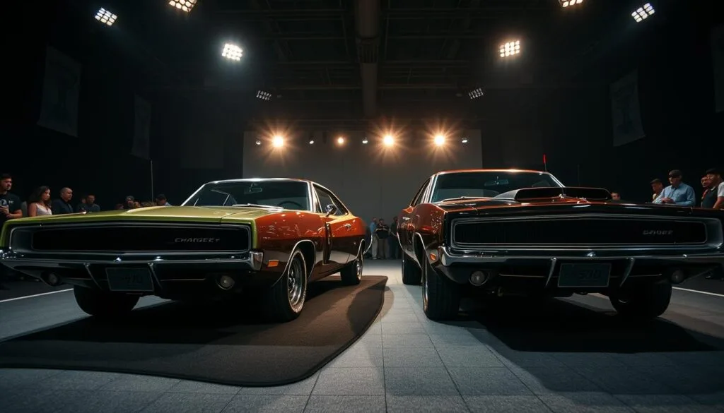 A meticulously detailed scene of the 1969 Dodge Charger R/T and Daytona models being unveiled at an auto show. The foreground features the iconic silhouettes of the two muscle cars, their bold lines and aggressive stance captured in high-resolution. The middle ground showcases the vehicles' prominent features, such as the Daytona's distinctive nose cone and rear spoiler, as well as the R/T's distinctive grille and hood scoop. The background depicts a dimly lit exhibition hall, with spotlights casting dramatic shadows and highlights on the cars, creating an atmosphere of anticipation and excitement. The image is shot with a wide-angle lens, emphasizing the scale and presence of these legendary American icons. A meticulously detailed scene of the 1969 Dodge Charger R/T and Daytona models being unveiled at an auto show. The foreground features the iconic silhouettes of the two muscle cars, their bold lines and aggressive stance captured in high-resolution. The middle ground showcases the vehicles' prominent features, such as the Daytona's distinctive nose cone and rear spoiler, as well as the R/T's distinctive grille and hood scoop. The background depicts a dimly lit exhibition hall, with spotlights casting dramatic shadows and highlights on the cars, creating an atmosphere of anticipation and excitement. The image is shot with a wide-angle lens, emphasizing the scale and presence of these legendary American icons.