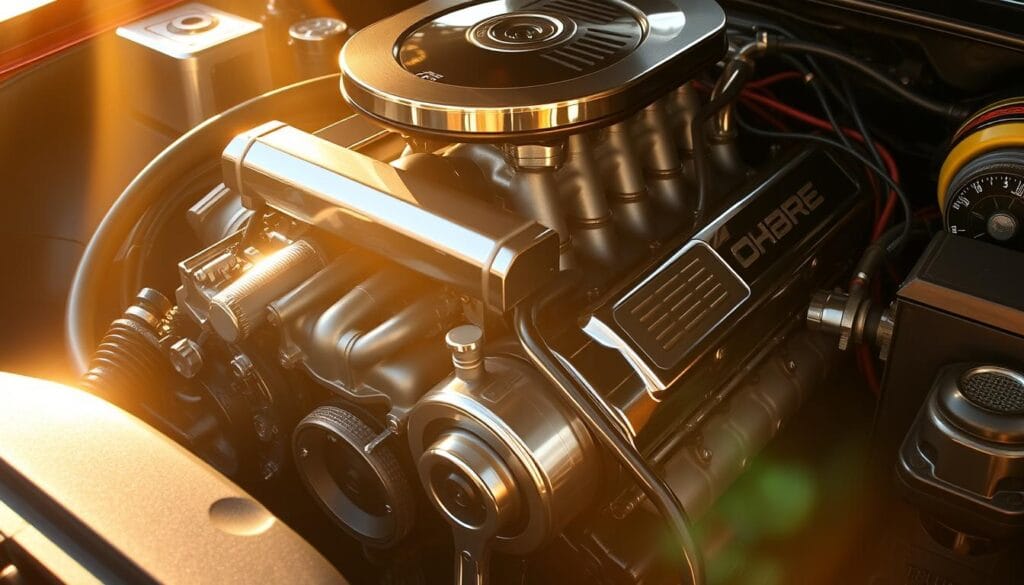 A powerful 2024 Dodge Challenger engine, with its muscular V8 roaring to life, illuminated by warm golden light. Dramatic shadows and highlights accentuate the intricate mechanical details - the gleaming metal surfaces, the interlocking gears and pistons, the wires and tubes pulsing with energy. The engine is the beating heart of the vehicle, radiating a sense of raw, unbridled performance. The composition emphasizes the engine's imposing presence, capturing its sheer might and the exhilaration it promises to deliver on the open road. A powerful 2024 Dodge Challenger engine, with its muscular V8 roaring to life, illuminated by warm golden light. Dramatic shadows and highlights accentuate the intricate mechanical details - the gleaming metal surfaces, the interlocking gears and pistons, the wires and tubes pulsing with energy. The engine is the beating heart of the vehicle, radiating a sense of raw, unbridled performance. The composition emphasizes the engine's imposing presence, capturing its sheer might and the exhilaration it promises to deliver on the open road.