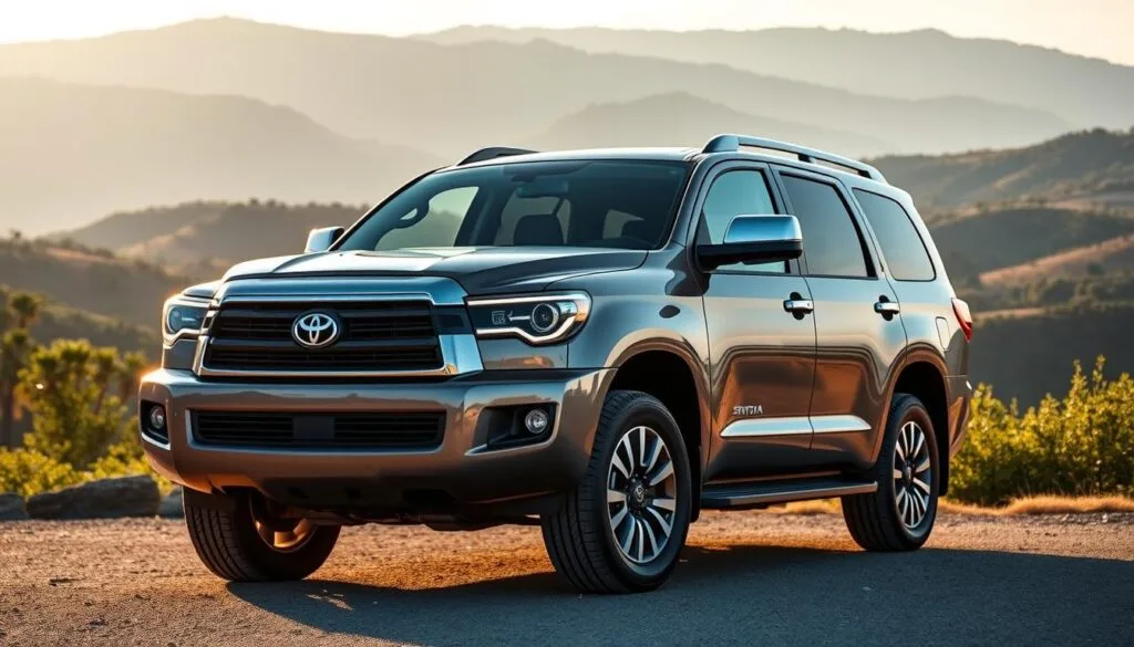 A sleek and imposing 2024 Toyota Sequoia SUV stands prominently in the frame, its bold front grille and angular headlights casting a determined expression. The vehicle is captured in a crisp, high-resolution exterior view, showcasing its refined, muscular design and elegant body lines. Warm, natural lighting bathes the Sequoia, highlighting the rich, metallic paint finish and the subtle reflections on its surfaces. The background is a serene, picturesque landscape, with rolling hills and lush, verdant foliage providing a serene and inviting backdrop. The overall composition conveys a sense of power, sophistication, and adventure, perfectly capturing the essence of the 2024 Toyota Sequoia. A sleek and imposing 2024 Toyota Sequoia SUV stands prominently in the frame, its bold front grille and angular headlights casting a determined expression. The vehicle is captured in a crisp, high-resolution exterior view, showcasing its refined, muscular design and elegant body lines. Warm, natural lighting bathes the Sequoia, highlighting the rich, metallic paint finish and the subtle reflections on its surfaces. The background is a serene, picturesque landscape, with rolling hills and lush, verdant foliage providing a serene and inviting backdrop. The overall composition conveys a sense of power, sophistication, and adventure, perfectly capturing the essence of the 2024 Toyota Sequoia.