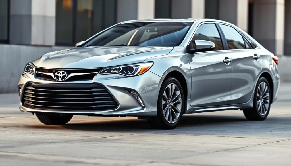 A sleek and modern 2016 Toyota Camry in a gleaming metallic silver hue, captured from a slightly elevated front three-quarter angle, showcasing the vehicle's bold and streamlined exterior design. The mid-size sedan's restyled front fascia features a prominent grille, slim headlights, and sculpted bumper, conveying a sense of refinement and sophistication. The smooth, flowing lines along the Camry's profile emphasize its aerodynamic silhouette, while the sculpted rear end and integrated taillight assembly lend an air of sportiness. The image is set against a softly blurred urban backdrop, with subtle highlights and shadows accentuating the Camry's refined and well-proportioned form. A sleek and modern 2016 Toyota Camry in a gleaming metallic silver hue, captured from a slightly elevated front three-quarter angle, showcasing the vehicle's bold and streamlined exterior design. The mid-size sedan's restyled front fascia features a prominent grille, slim headlights, and sculpted bumper, conveying a sense of refinement and sophistication. The smooth, flowing lines along the Camry's profile emphasize its aerodynamic silhouette, while the sculpted rear end and integrated taillight assembly lend an air of sportiness. The image is set against a softly blurred urban backdrop, with subtle highlights and shadows accentuating the Camry's refined and well-proportioned form.