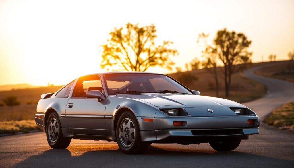 A sleek, metallic 1985 Nissan 300ZX sports car gleaming under a warm, golden sunset. The vehicle is positioned in a three-quarter front view, showcasing its distinctive wedge-shaped silhouette, pop-up headlights, and curvaceous bodylines. The background is a serene, suburban landscape with a few trees and a winding road leading into the distance, creating a sense of tranquility and nostalgia. The lighting is soft and diffused, casting subtle shadows and highlights that accentuate the car's elegant design. The entire scene exudes a sense of timeless style and automotive heritage, perfectly capturing the essence of the iconic 1985 Nissan 300ZX. A sleek, metallic 1985 Nissan 300ZX sports car gleaming under a warm, golden sunset. The vehicle is positioned in a three-quarter front view, showcasing its distinctive wedge-shaped silhouette, pop-up headlights, and curvaceous bodylines. The background is a serene, suburban landscape with a few trees and a winding road leading into the distance, creating a sense of tranquility and nostalgia. The lighting is soft and diffused, casting subtle shadows and highlights that accentuate the car's elegant design. The entire scene exudes a sense of timeless style and automotive heritage, perfectly capturing the essence of the iconic 1985 Nissan 300ZX.