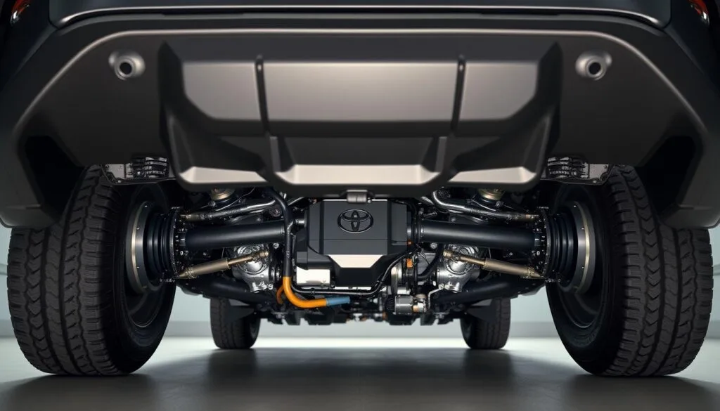 A sleek, modern all-wheel drive system seamlessly integrated into the underbody of the 2024 Toyota RAV4. The front and rear axles are connected by a sophisticated transfer case, enabling effortless torque distribution for optimal traction and stability on a variety of terrains. Captured from a slightly low-angled perspective, the intricate components are visible yet elegantly concealed, radiating a sense of engineering prowess. Soft, diffused lighting accentuates the metallic surfaces, creating a sense of depth and technical sophistication. The scene conveys the RAV4's capable and refined all-wheel drive capabilities, ready to tackle any adventure. A sleek, modern all-wheel drive system seamlessly integrated into the underbody of the 2024 Toyota RAV4. The front and rear axles are connected by a sophisticated transfer case, enabling effortless torque distribution for optimal traction and stability on a variety of terrains. Captured from a slightly low-angled perspective, the intricate components are visible yet elegantly concealed, radiating a sense of engineering prowess. Soft, diffused lighting accentuates the metallic surfaces, creating a sense of depth and technical sophistication. The scene conveys the RAV4's capable and refined all-wheel drive capabilities, ready to tackle any adventure.
