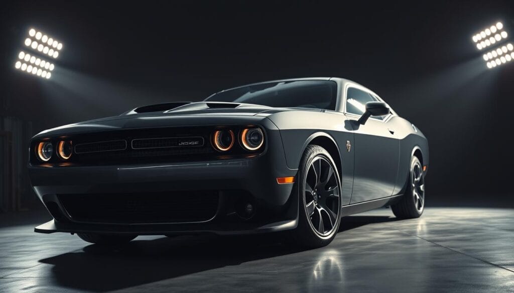 A sleek, powerful 2024 Dodge Challenger muscle car dominates the frame, its chiseled body gleaming under dramatic studio lighting. Viewed from a low, dynamic angle, the car's muscular contours and aggressive stance command attention. The deep, metallic paint finish reflects the scene, creating a sense of depth and drama. In the background, a shadowy, moody environment emphasizes the Challenger's bold design and raw energy. Vibrant highlights accentuate the car's distinctive grille, flared fenders, and powerful engine, conveying a palpable sense of speed and performance. A sleek, powerful 2024 Dodge Challenger muscle car dominates the frame, its chiseled body gleaming under dramatic studio lighting. Viewed from a low, dynamic angle, the car's muscular contours and aggressive stance command attention. The deep, metallic paint finish reflects the scene, creating a sense of depth and drama. In the background, a shadowy, moody environment emphasizes the Challenger's bold design and raw energy. Vibrant highlights accentuate the car's distinctive grille, flared fenders, and powerful engine, conveying a palpable sense of speed and performance.