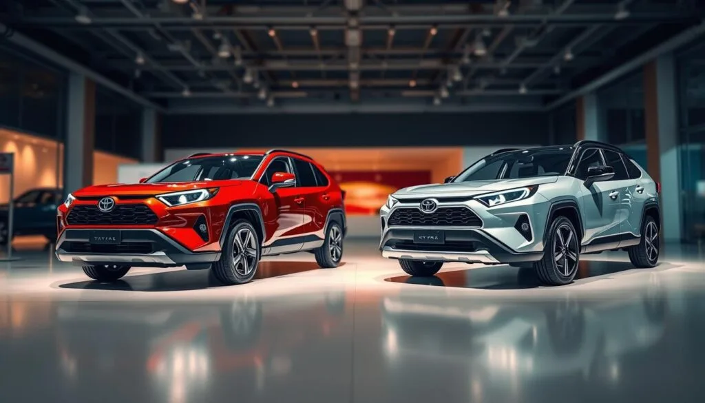 A sleek, well-lit showroom interior with a prominent display of the latest 2024 Toyota RAV4 models. In the foreground, two vehicles are positioned side-by-side: a gas-powered RAV4 and a hybrid variant. The gas model features a bold, dynamic design with sharp lines and a sporty silhouette, while the hybrid model has a more streamlined, eco-conscious appearance. The lighting is warm and inviting, highlighting the contrasting features and capabilities of the two configurations. The background is blurred, creating a sense of focus on the central comparison. The overall atmosphere conveys a sense of sophistication and the advanced technology underpinning the 2024 Toyota RAV4 lineup.