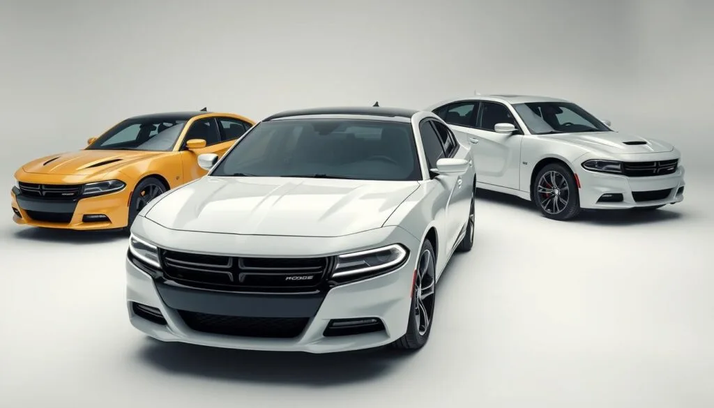Sleek and powerful 2017 Dodge Charger models, showcasing their impressive trim options. Crisp, high-resolution photography captures the front grille, muscular hood, and prominent Dodge badging in the foreground. The mid-range view highlights the vehicle's angular silhouette, side profile, and available alloy wheel designs. In the background, a clean, minimalist studio setting with subtle, even lighting allows the Charger's distinctive styling cues to take center stage. The overall scene conveys the Charger's confident, performance-oriented character and the range of customization choices available to potential buyers. Sleek and powerful 2017 Dodge Charger models, showcasing their impressive trim options. Crisp, high-resolution photography captures the front grille, muscular hood, and prominent Dodge badging in the foreground. The mid-range view highlights the vehicle's angular silhouette, side profile, and available alloy wheel designs. In the background, a clean, minimalist studio setting with subtle, even lighting allows the Charger's distinctive styling cues to take center stage. The overall scene conveys the Charger's confident, performance-oriented character and the range of customization choices available to potential buyers.